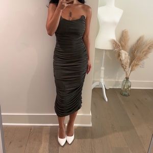 AYA Officials - Dark Green Grey Strapless Ruched Maxi Dress